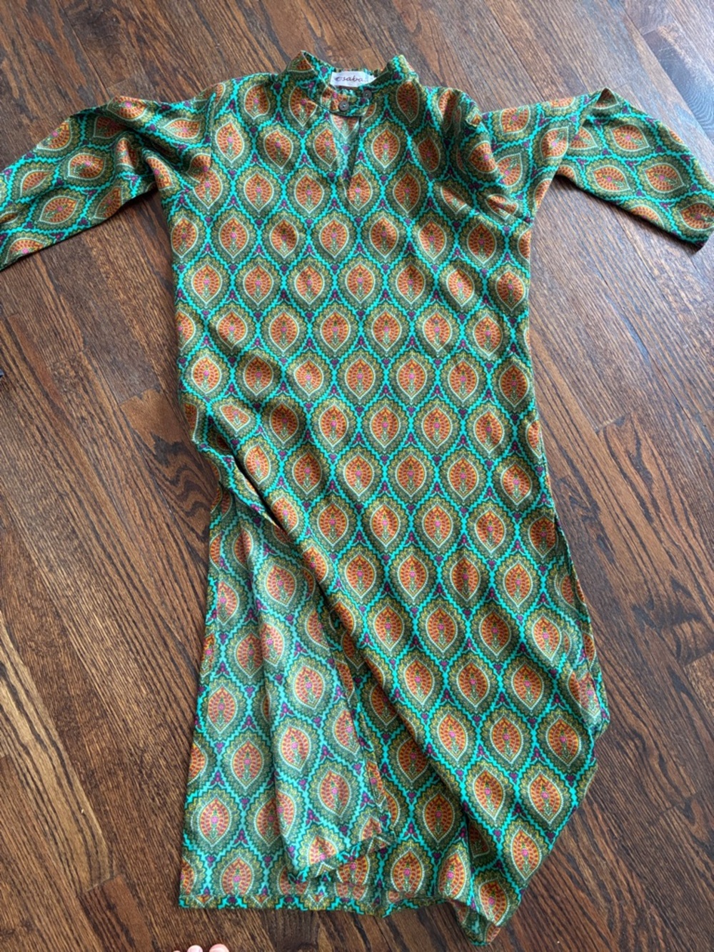 Sabah Turquoise, Green & Orange Paisley Button-Up Top from Nepal